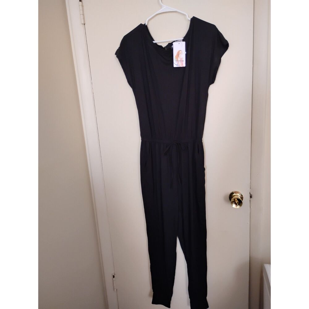 PRETTYGARDEN Women's Short Sleeve Drawstring Jumpsuit Black Size Small